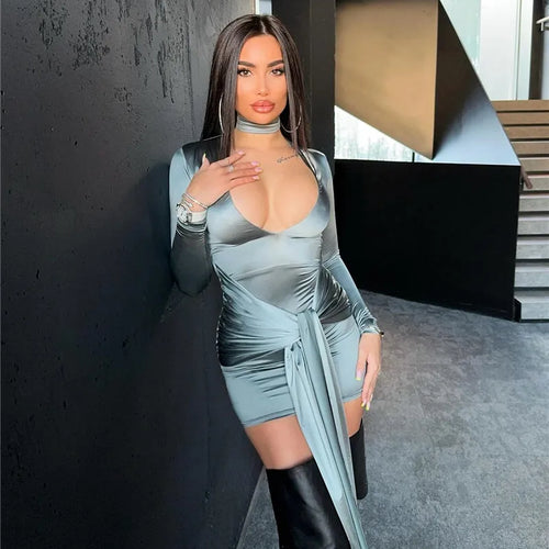 Load image into Gallery viewer, Irregular Sexy Mini Dress For Women Low Cut Long Sleeve Ruched Bodycon Dress Femme Elegant Club Party Sexy Dress New
