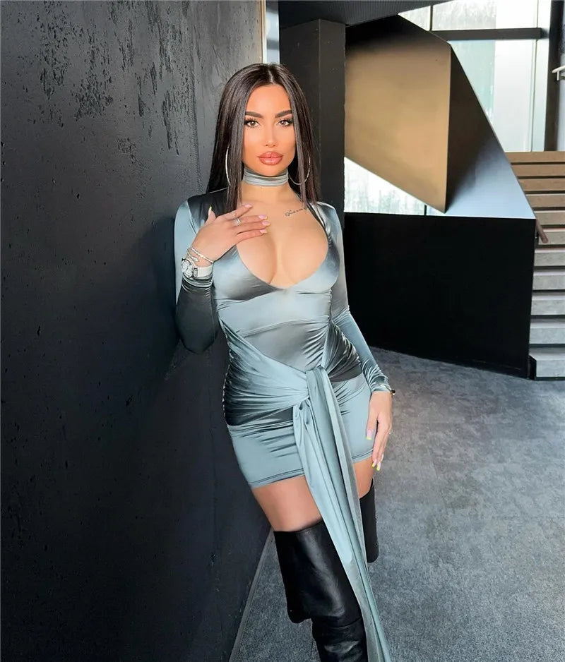 Irregular Sexy Mini Dress For Women Low Cut Long Sleeve Ruched Bodycon Dress Femme Elegant Club Party Sexy Dress New