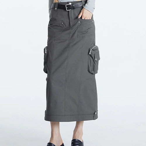Load image into Gallery viewer, Streetwear Midi Skirt For Women High Waist Patchwork Pockets Solid Straight Minimalist Skirts Female Clothing
