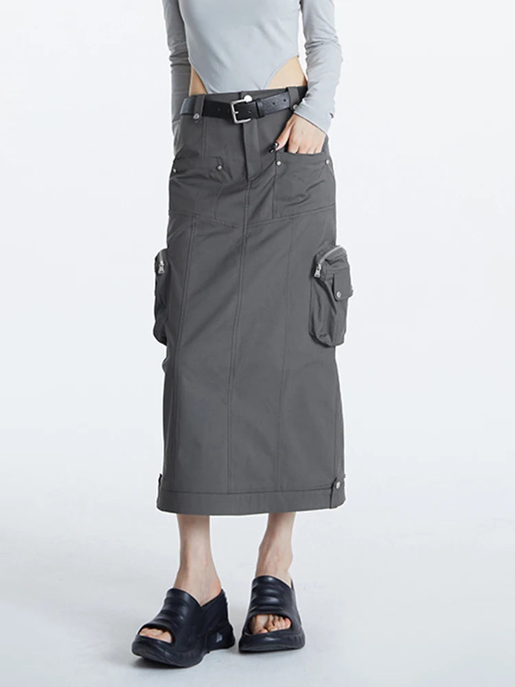 Streetwear Midi Skirt For Women High Waist Patchwork Pockets Solid Straight Minimalist Skirts Female Clothing