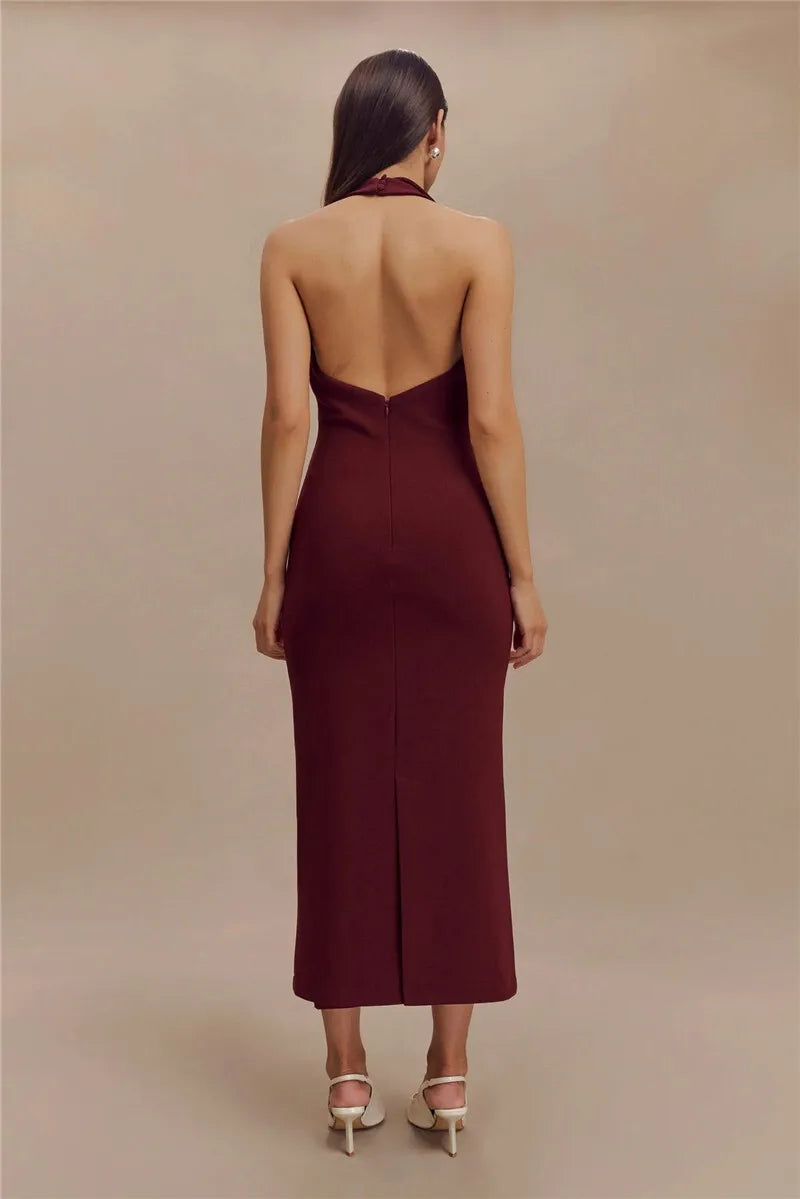 Halter Deep V Neck Sleeveless Sexy Maxi Dress For Women Elegant Backless Bodycon Tank Dress Femme Fashion Long Dress