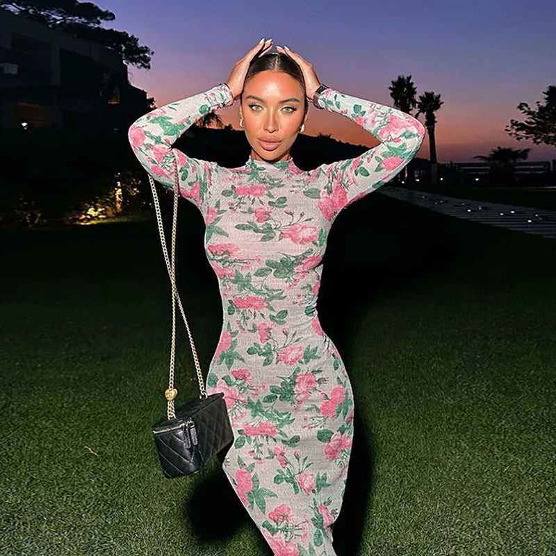 Bodycon Long Sleeve Half High Collar Print Zipper Elegant Maxi Dress Women Slim High Waist Sexy Dress Ladies Outfits