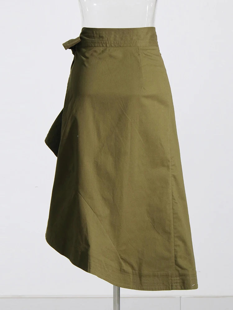Solid Irregular Skirts For Women High Waist Patchwork Belt A Line Mid Calf Skirt Spring Female Fashion Clothing