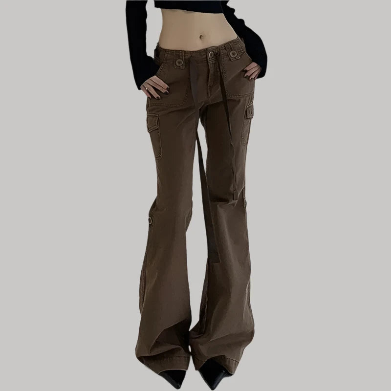 Low Rise Flare Jeans Women Grunge Y2k Cargo Pants 90s Vintage Clothes Black Brown Denim Trousers Streetwear P67-FZ30