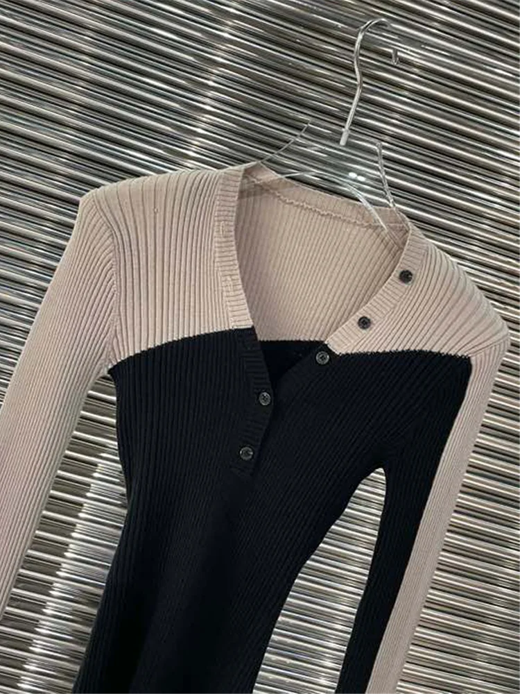 Fashion Patchwork Knitting Sweater For Women V Neck Long Sleeve Colorblock Slim Cardigan Female Autumn Clothing