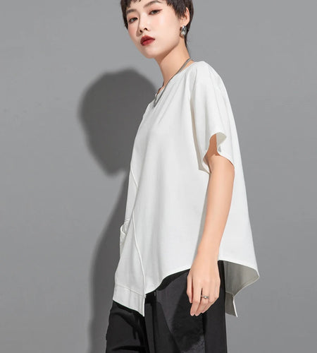 Women White  Topstitched Irregular Hem Big Size T-shirt New Round Neck Short Sleeve Fashion Spring Summer 2025 1DJ1753
