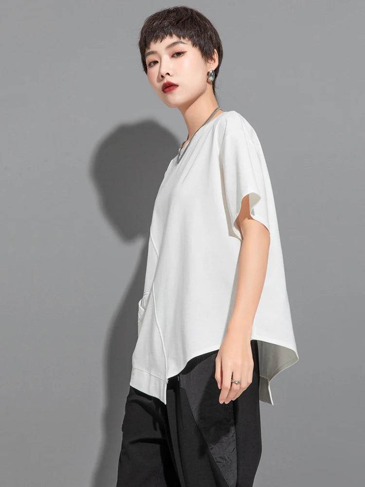 Women White  Topstitched Irregular Hem Big Size T-shirt New Round Neck Short Sleeve Fashion Spring Summer 2025 1DJ1753