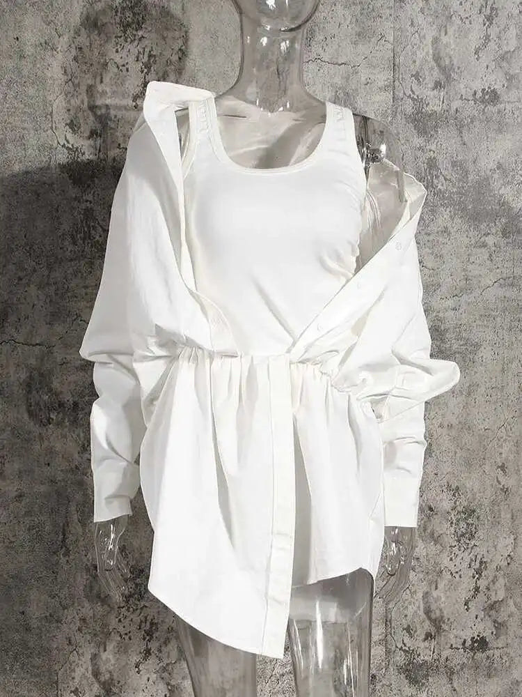 Women White Irregular Knot Split Big Size  Dress New Lapel Long Sleeve Loose Fit Fashion Spring Summer 2025 1X3420