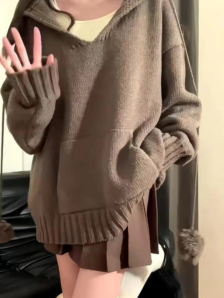 Y2k Aesthetic Autumn V Neck Woman Sweaters Harajuku Loose Grunge Cardigan Mujer Ball Drawstring Pocekt Patchwork Solid Pullovers