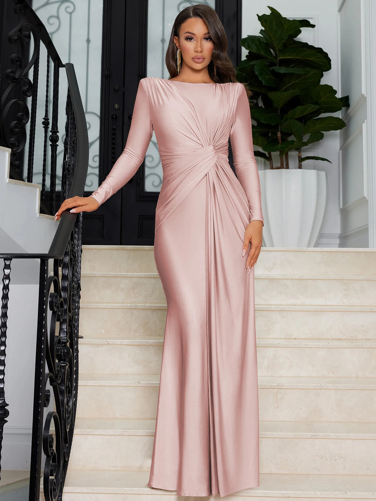 Spring Eleagnt Solid Long Sleeve Shoulder Pads Ruched Sexy Maxi Dress Women New Clothes Evening Party Festival