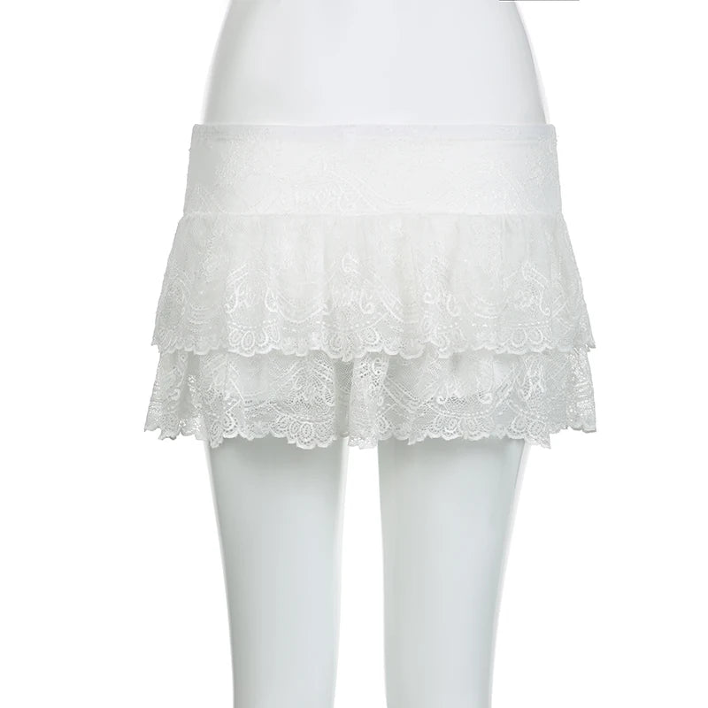 Fashion Y2K Aesthetic White Lace Skirt Chic 2000s Aesthetic Fold Vintage Low Rise Mini Skirts Women Double Layer New