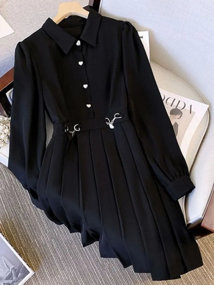 Korean Black Pleated Mini Dress Gothic Goth Harajuku Oversize Black Long Sleeve Short Dresses Women Autumn