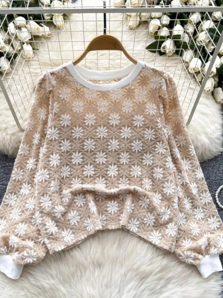 Korean Women's Flower Patchwork Round Neck Hollow Out Crochet Short Sweater Autumn New Long Sleeve Pullover Top Popular Clothing