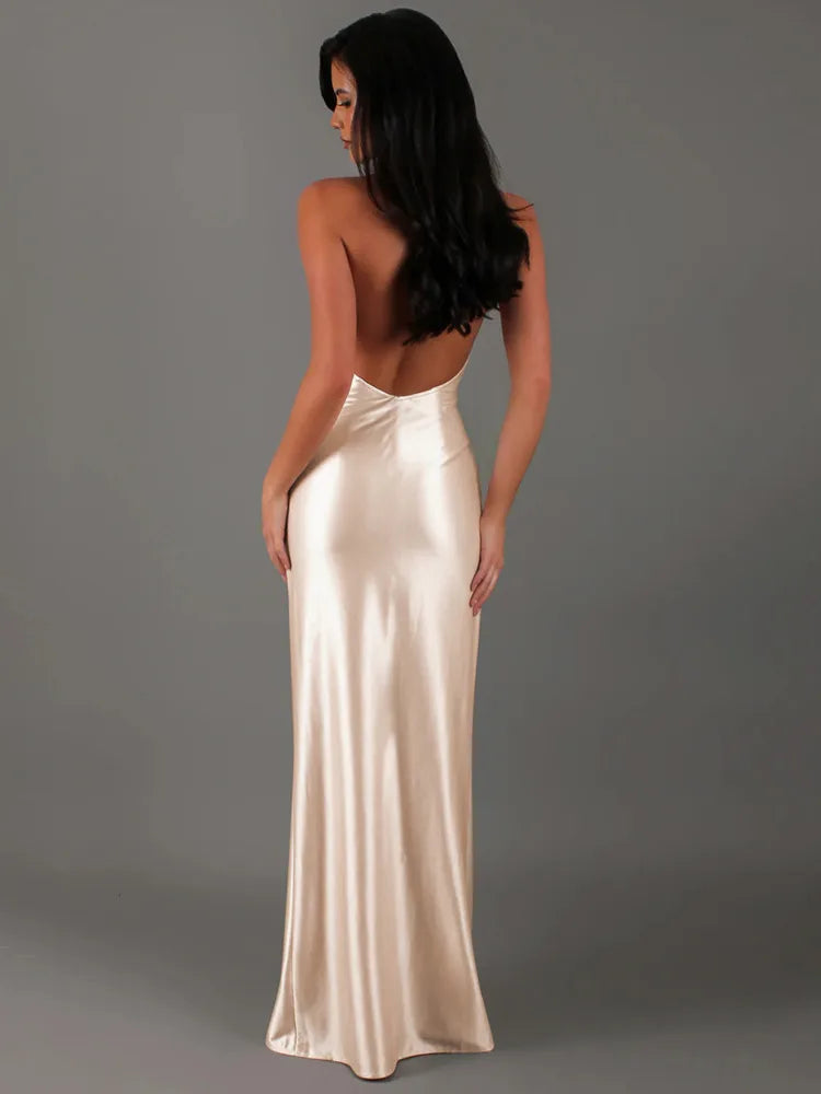 Elegant Hanging Collar Bodycon Party Club Evening Dress Women 2025 New Sexy Deep V Backless Ribbon Split Female Vestidos