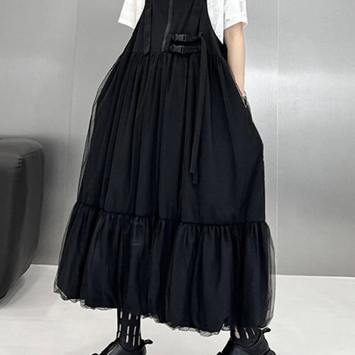 Load image into Gallery viewer, Women Black Buckle Mesh Big Size Midi Strap Dress New Square Collar Sleeveless Fashion Tide Spring Autumn 2025 1DJ1426
