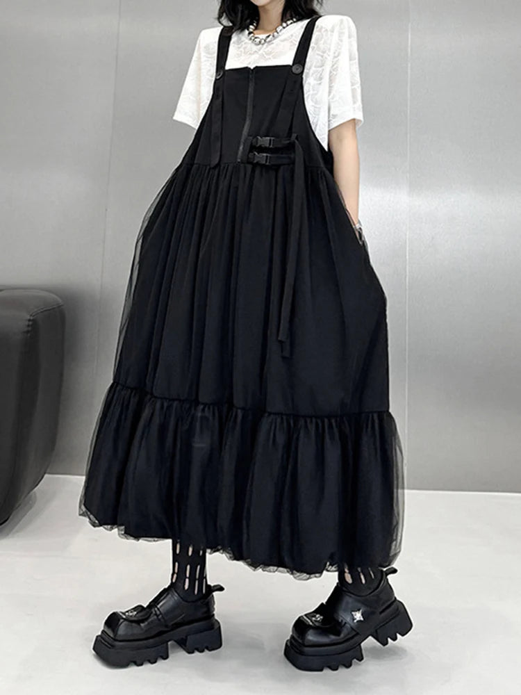 Women Black Buckle Mesh Big Size Midi Strap Dress New Square Collar Sleeveless Fashion Tide Spring Autumn 2025 1DJ1426