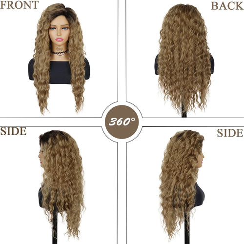 Load image into Gallery viewer, Brown Hair Synthetic Long Curly Wigs for Women Fluffy Thick Dark Roots Water Wave Wig with Bangs Female Long Ombre Wig with Clip
