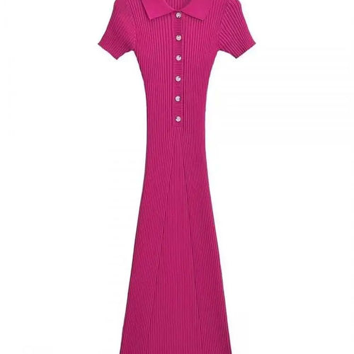 Load image into Gallery viewer, Korean Version Solid Polo Collar Single Breasted Knitted Long Dress Women's Summer Elegant Slim Short Sleeve Wrapped Hip Dresses
