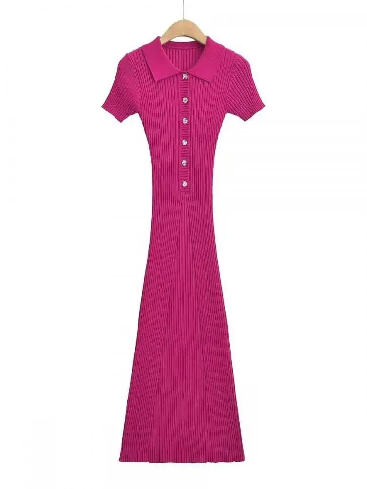 Korean Version Solid Polo Collar Single Breasted Knitted Long Dress Women's Summer Elegant Slim Short Sleeve Wrapped Hip Dresses