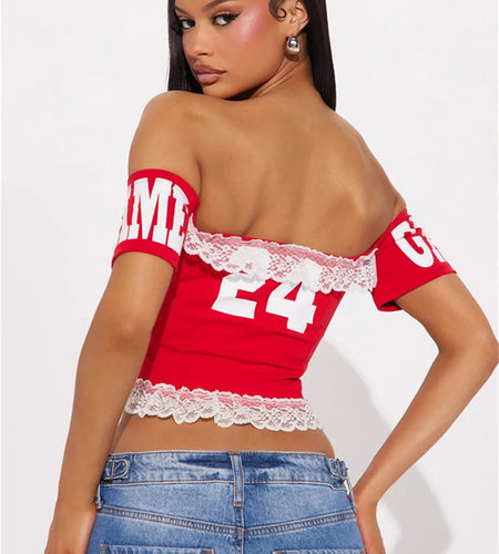 Patchwork Lace t-Shirts Women Bandage Cross Number Print One Shoulder Skinny Summer Backless Street Versatile Mini Tops