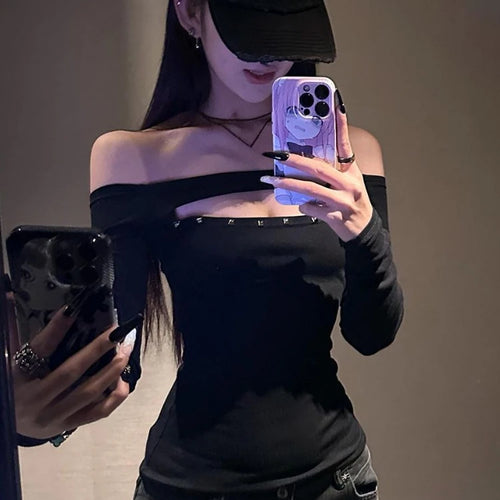 Load image into Gallery viewer, Y2k Aesthetic Women Sexy Hollow Out Rivet T-shirt Vintage Solid Streetwear Grunge Tshirts Harajuku Vintage Slash Neck Tees Femme
