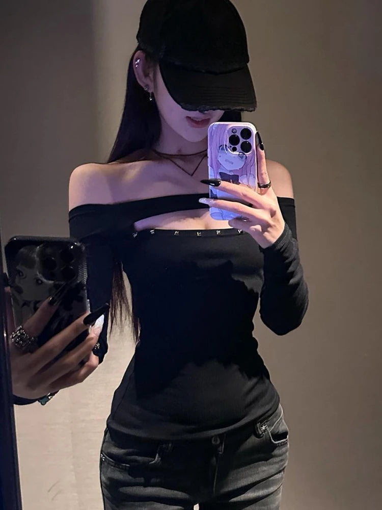 Y2k Aesthetic Women Sexy Hollow Out Rivet T-shirt Vintage Solid Streetwear Grunge Tshirts Harajuku Vintage Slash Neck Tees Femme