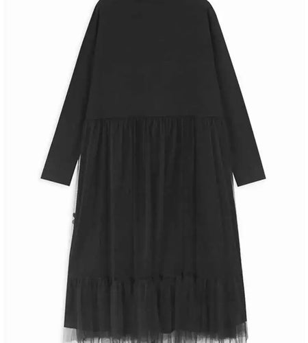 Women Black Mesh Ruffles Spliced Big Size Midi Dress New Round Neck Long Sleeve Fashion Tide Spring Autumn 2025 1DH7180