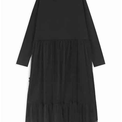Load image into Gallery viewer, Women Black Mesh Ruffles Spliced Big Size Midi Dress New Round Neck Long Sleeve Fashion Tide Spring Autumn 2025 1DH7180
