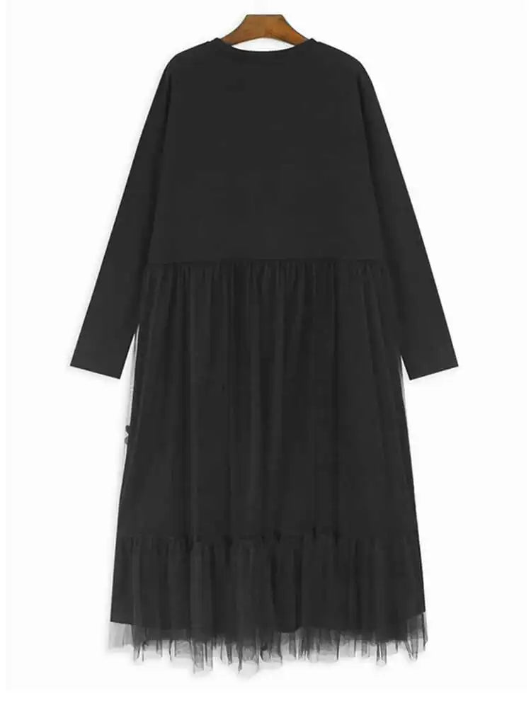 Women Black Mesh Ruffles Spliced Big Size Midi Dress New Round Neck Long Sleeve Fashion Tide Spring Autumn 2025 1DH7180