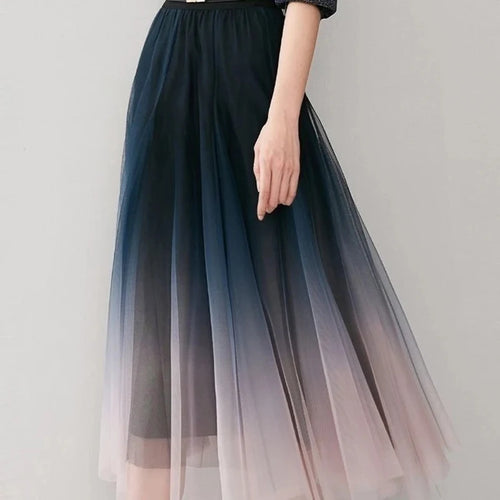 Load image into Gallery viewer, Elegant Tulle Skirts Women High Waist Gradient Mesh Pleated Midi Skirt Korean Elastic Loose Casual All Match A Line Skirt
