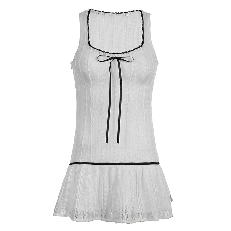 Summer Sleeveless White Women Dress Mini Tie-Up Stitching Sundress Korean Fashion Sweet Girls A-Line Dresses Outfits