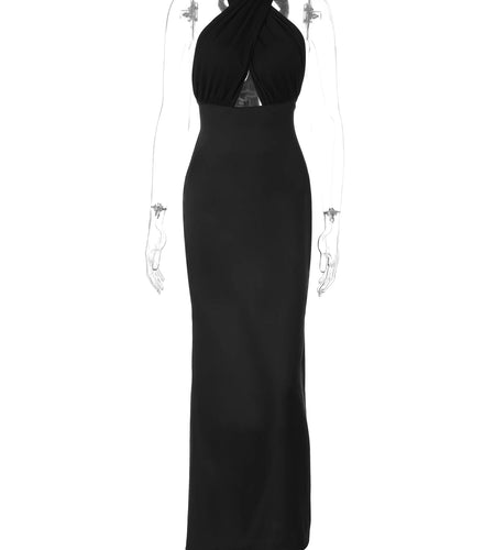 Black Halter Backless Hollow Out Bandage Zipper Slit Maxi Prom Dress Elegant Women Y2K Clothes Evening Party Festival