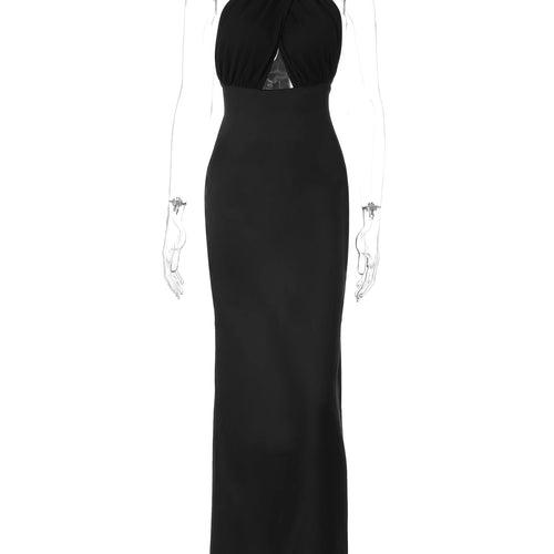 Load image into Gallery viewer, Black Halter Backless Hollow Out Bandage Zipper Slit Maxi Prom Dress Elegant Women Y2K Clothes Evening Party Festival
