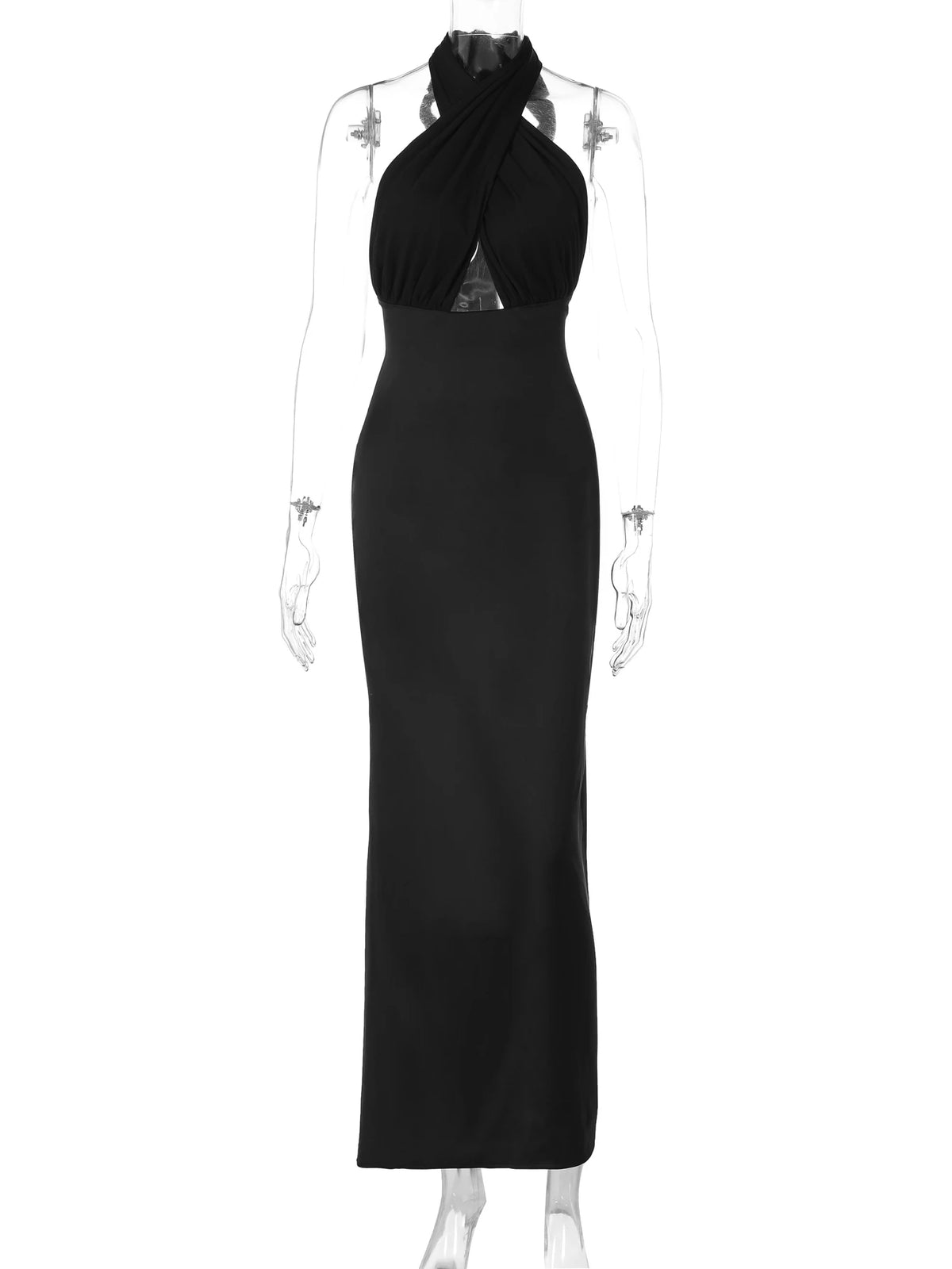 Black Halter Backless Hollow Out Bandage Zipper Slit Maxi Prom Dress Elegant Women Y2K Clothes Evening Party Festival