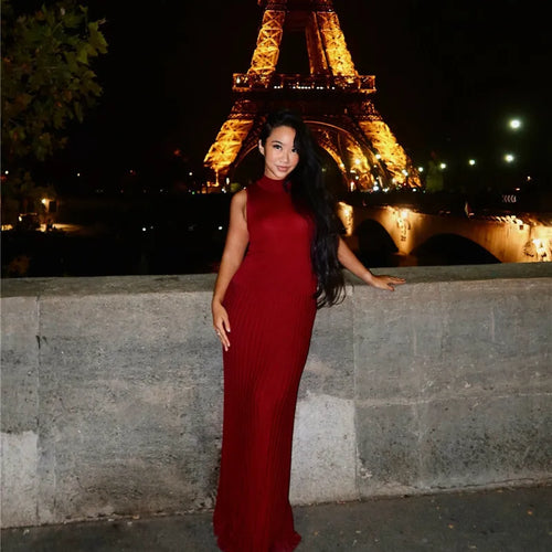 Load image into Gallery viewer, Half High Collar Sleeveless Knit Maxi Dress For Women Fashion Solid Bodycon Sexy Pleated Long Knitted Sweater Dress
