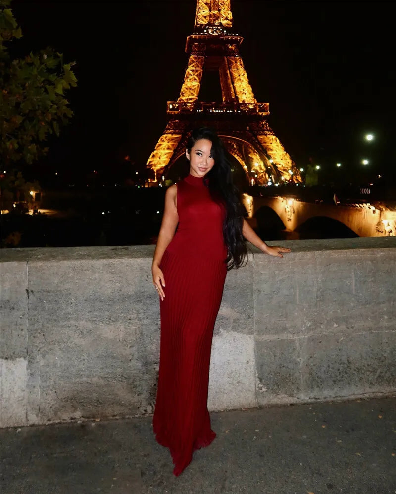 Half High Collar Sleeveless Knit Maxi Dress For Women Fashion Solid Bodycon Sexy Pleated Long Knitted Sweater Dress