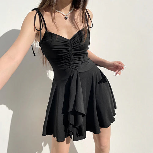 Load image into Gallery viewer, Strappy Black Slim Summer Dress Mini Tierred Drawstring Folds Sexy Sundress Korean Fashion Draped Holidays French New
