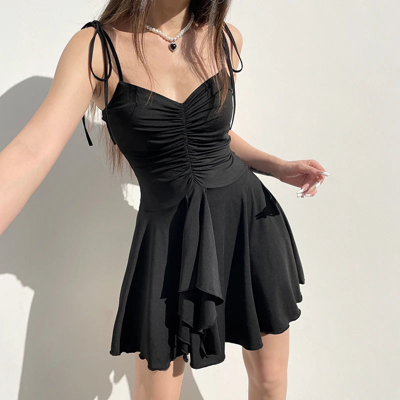 Strappy Black Slim Summer Dress Mini Tierred Drawstring Folds Sexy Sundress Korean Fashion Draped Holidays French New