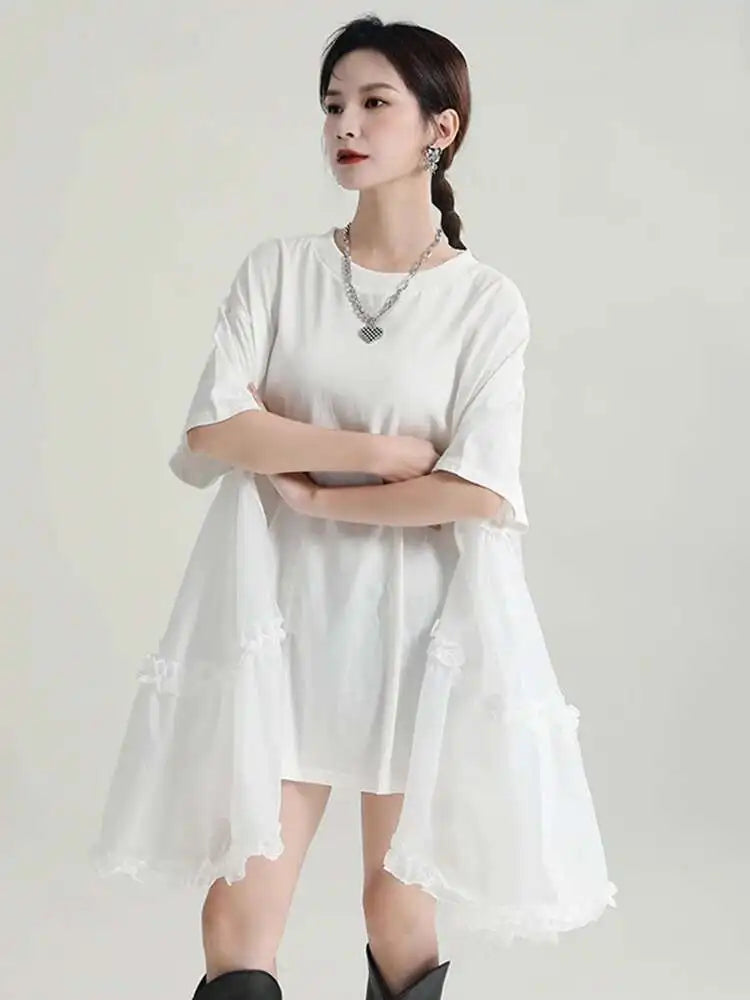 Women Black Ruffles Irregular Big Size Mini Dress New Round Neck Short Sleeve Fashion Tide Spring Summer 2025 1DH9574