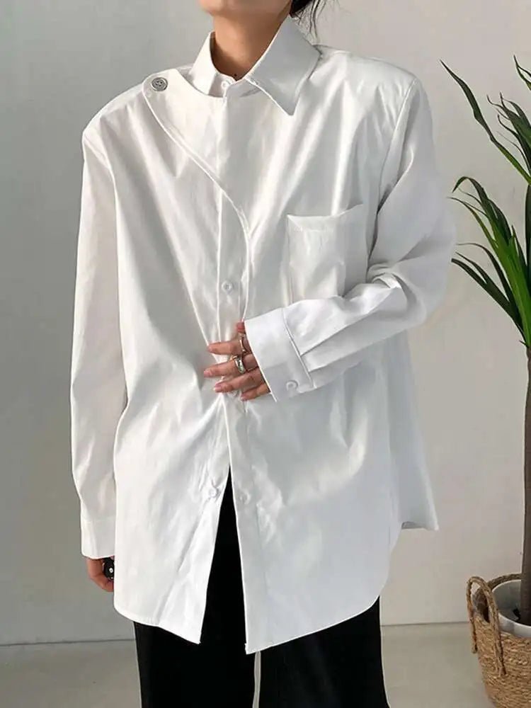 Women White Irregular Big Size Blouse New Lapel Long Sleeve Loose Fit Shirt Fashion Tide Spring Autumn 2025 1DF7024