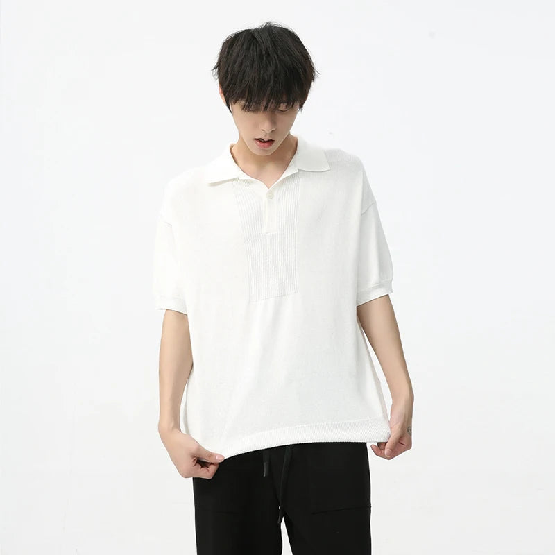 Men's Short Sleeve T-shirt Summer Korean Style Simple Solid Color Lapel Trend Fashion Loose Casual Male Top 9C5617