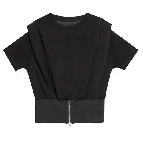 Load image into Gallery viewer, Women Black Zipper Slit Hem Big Size Casual T-shirt New Round Neck Short Sleeve Fashion Tide Spring Summer 2025 1DF7911

