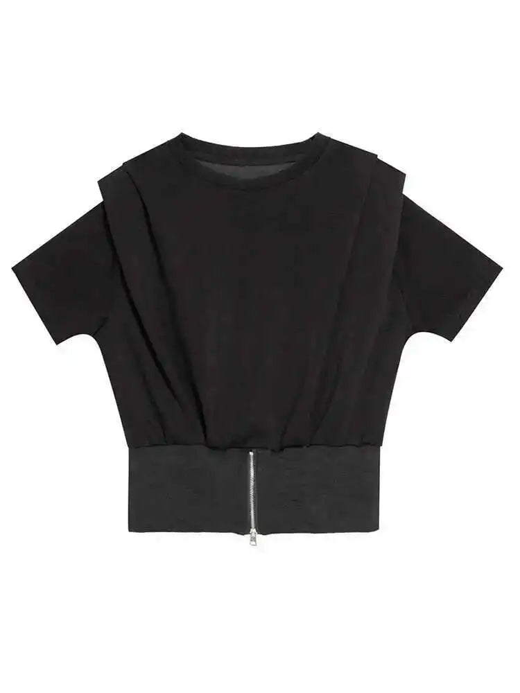 Women Black Zipper Slit Hem Big Size Casual T-shirt New Round Neck Short Sleeve Fashion Tide Spring Summer 2025 1DF7911