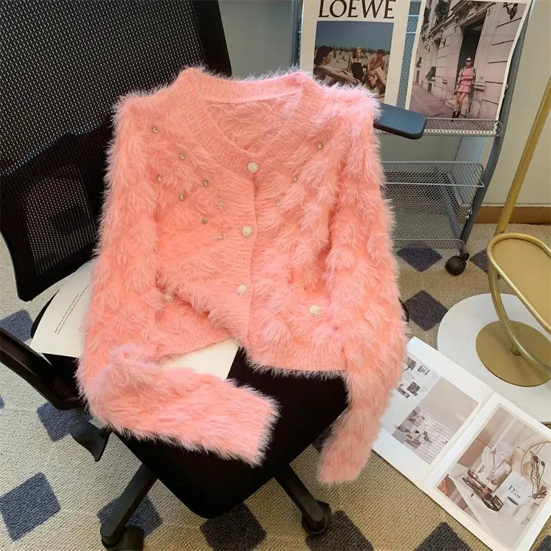 Autumn Winter French White Diamond Elegant Knitted Cardigan Tops Women's Pink V Neck Single Breasted Long Sleeve Mohair Sweater