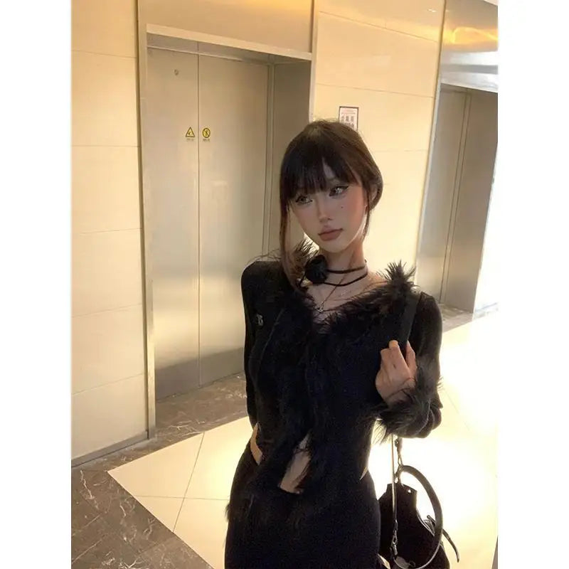 Temperament Sueter Mujer Korean Cropped Cardigan Y2k Tops V-neck Patchwork Furry Pull Femme Fashion Sexy Knitted Tunic Sweater