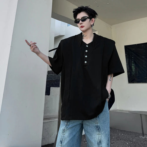 Load image into Gallery viewer, Summer Male T-shirt Stand Collar Solid Color Structure Men&#39;s Loose Short Sleeve Top Metal Button Streetwear 28W3341
