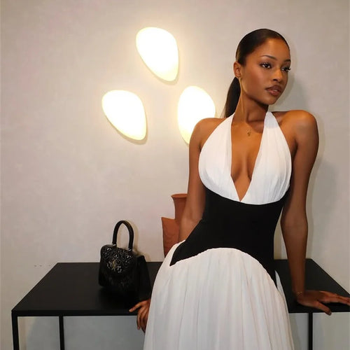 Load image into Gallery viewer, Halter Deep V Neck Backless Sexy Maxi Dress Women Gown Fashion Patchwork Sleeveless High Waist Club Party Long Dress
