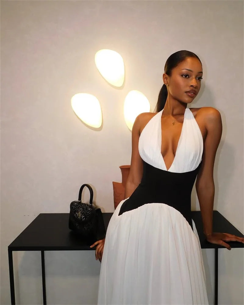 Halter Deep V Neck Backless Sexy Maxi Dress Women Gown Fashion Patchwork Sleeveless High Waist Club Party Long Dress