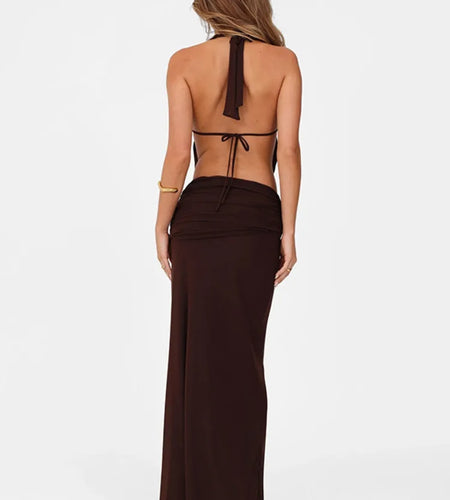 Hollow Out Lace-up Sexy Skirt 2 Piece Sets Women Brown Halter Crop Tops And Maxi Skirt Female Skinny Sexy Two Piece Set