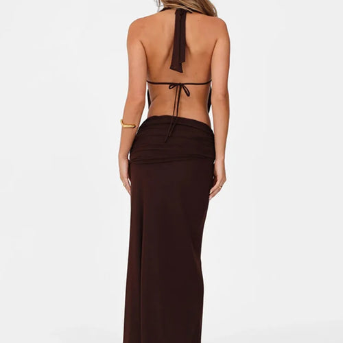 Load image into Gallery viewer, Hollow Out Lace-up Sexy Skirt 2 Piece Sets Women Brown Halter Crop Tops And Maxi Skirt Female Skinny Sexy Two Piece Set
